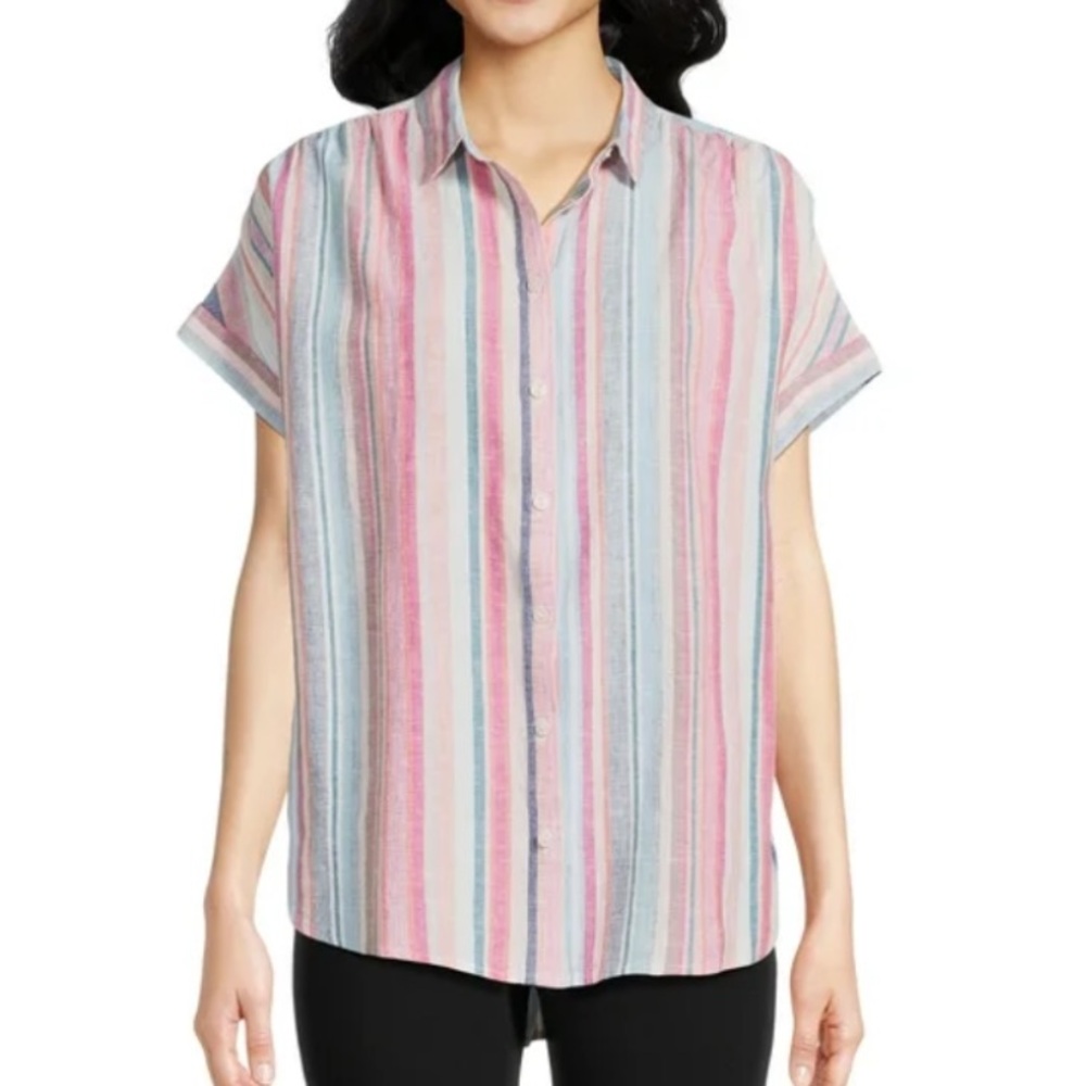 Time and Tru Women's Roll Cuff Shirt striped blue pink size large linen lyosell
